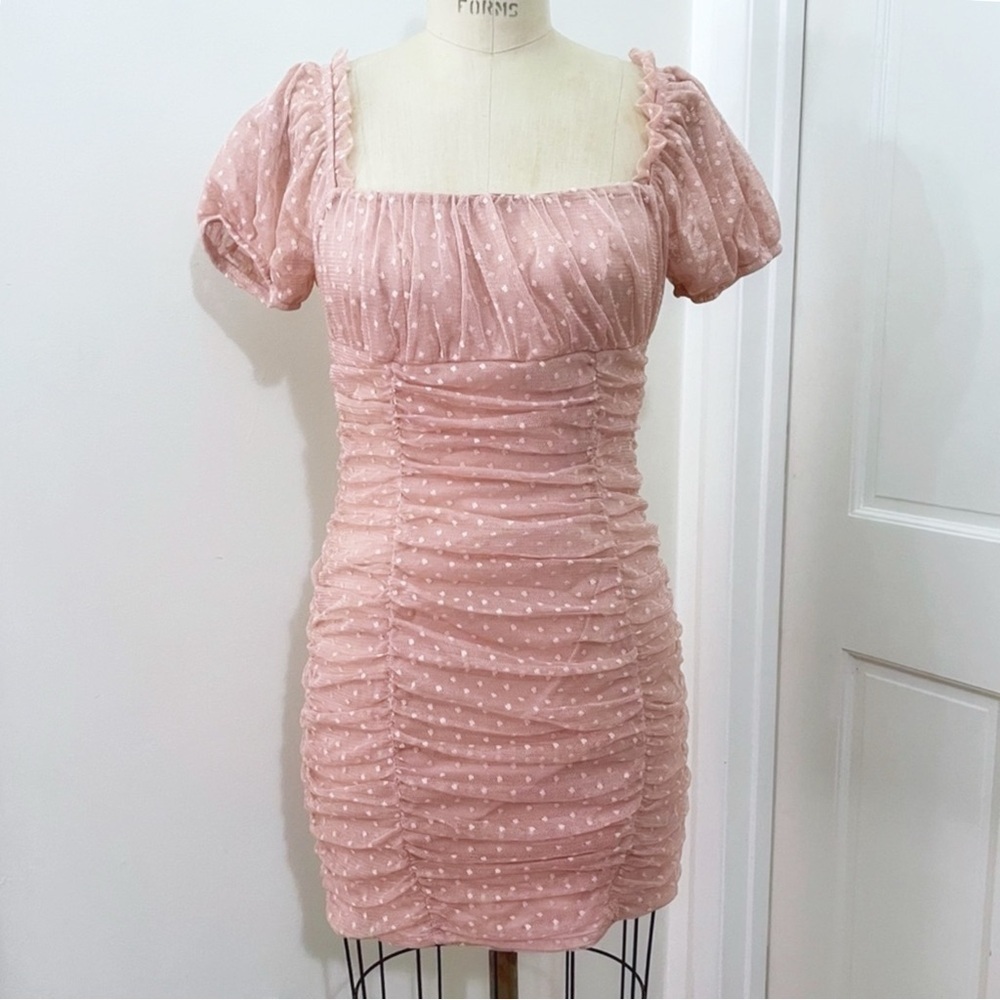 Size L Blush‎ Pink Polka Dot Ruched Tulle Mini Dress